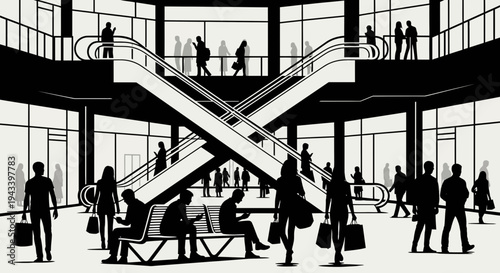 People walking on escalators in a modern shopping mall interior with large windows.