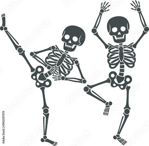 Skeleton Dancing  poses silhouette , Two playful cartoon skeletons strike dynamic poses, joyfully dancing and celebrating with a spirited, spooky flair