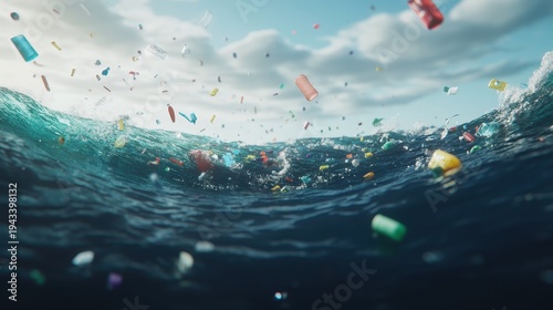 Ocean pollution with floating plastic debris near a coral reef, wide angle shot with overcast lighting and coastal background.