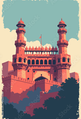 Gwalior Fort massive bluetiled towers are reimagined strict red, black, cream propaganda palette Heavy, fortresslike geometry Blank space top