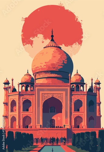 Taj Mahal, Agra, reimagined brutalist style smooth curves dome are sharpened into geometric planes Stark black, red, cream palette Symmetrical imposing No text