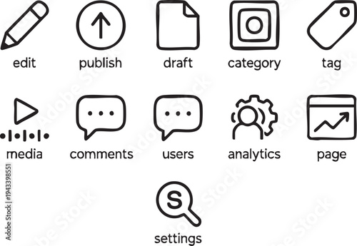 Set of simple black vector icons for web design and technology including music business phone car medical and computer symbols