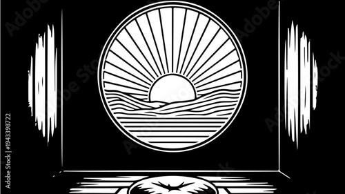 Sun vector illustration with rays shining through window blinds on a black background featuring sunrise, sunset, white with graphic and design