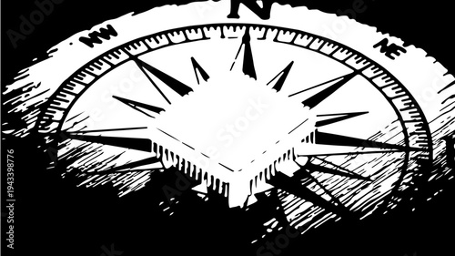 Compass navigation with white dial and black lines on dark background for direction featuring map, travel, exploration with adventure and