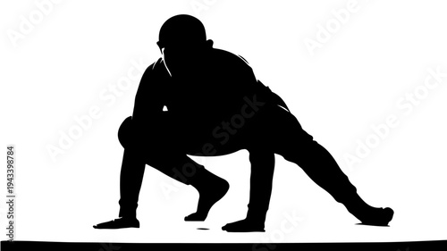 Person crouched in a tactical stance with silhouette against a white background, ready for action with a sense of stealth and agility