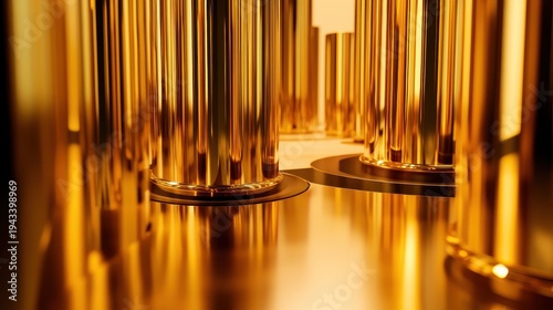 Close-up of polished gold cylinders with reflective surfaces on a trading platform