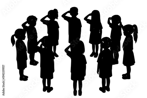 Multiethnic School Kids Saluting in Circle Scouting Community Youth Group Concept Black Vector Silhouette