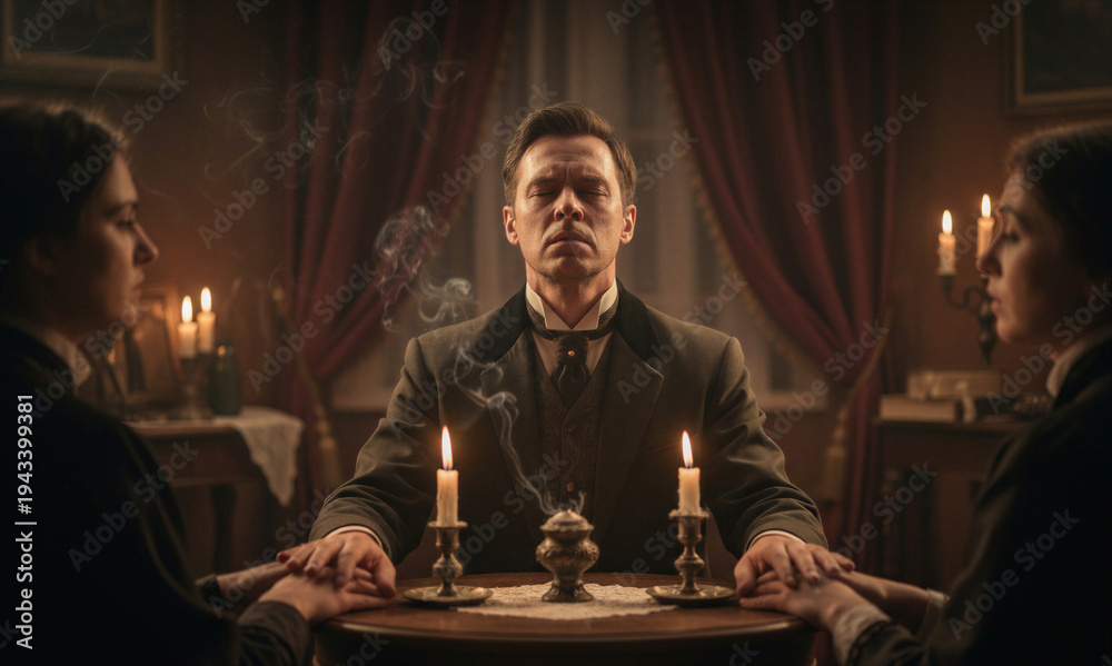 Fototapeta premium Cinematic historical reenactment of a Victorian-era séance. A man in period clothing meditates with eyes closed at a round table, flanked by two women holding hands in a dimly lit room. 