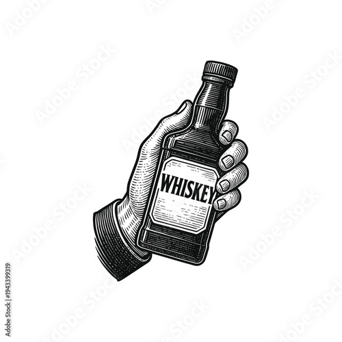 Engraving of A Hand Holding a whisky Bottle