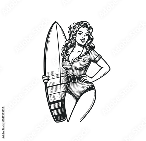Vintage Surfer Girl with Surfboard – Retro Pin-Up Illustration