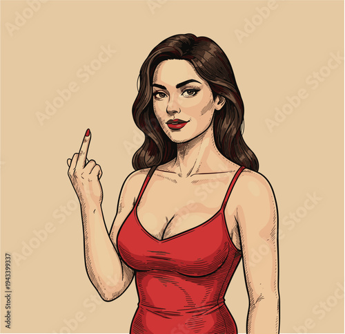 Confident Woman in Red Dress – Vintage Style Attitude Illustration