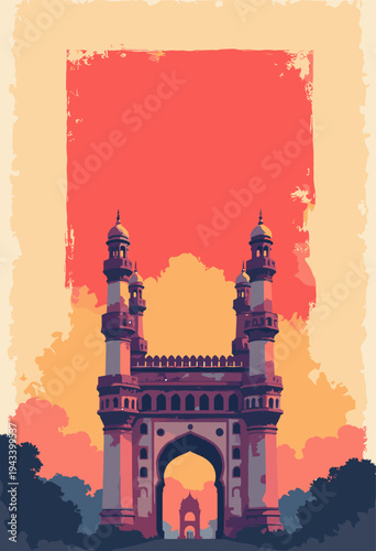 Charminar, Hyderabad four minarets frame solid red square sky Drawn strict geometric precision heavy black shadows Monumental graphic design Blank space