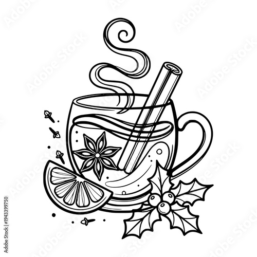 Hot spiced drink with citrus slice, star anise and holly in lineart style on white background symbolizing festive warmth