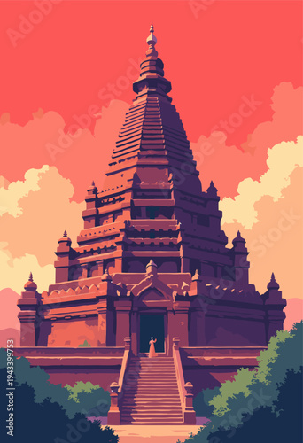 Mahabodhi Temple, Bodh Gaya towering pyramidal structure is illustrated relentless, repetitive horizontal brick lines Industrial commanding Red sky No text