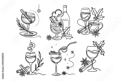 Mulled wine glasses with spices drawn in line style on white background showing concept of holiday warmth