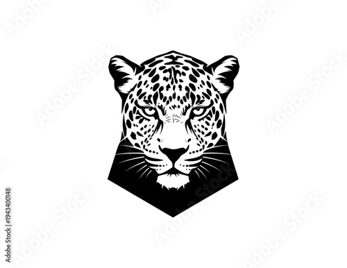 Monochrome geometric leopard head emblem with fierce expression for modern design