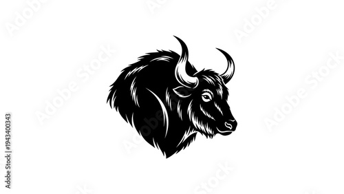 Black and white bull head silhouette with detailed fur and horns