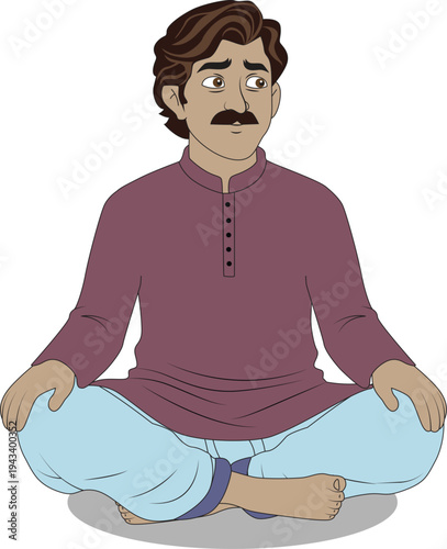2D Cartoon Indian Man Sitting Cross-legged Meditating Vector Illustration