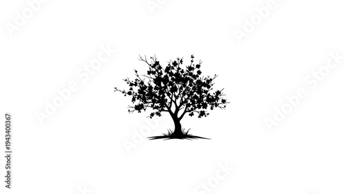 Silhouette of a lush tree with foliage and grass in a minimalist design