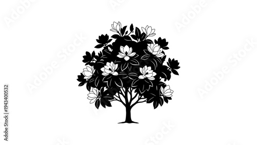 Black and white tree with blossoming flowers in silhouette style