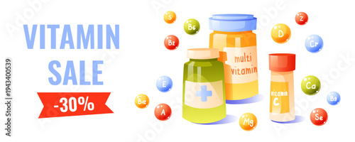 Vitamin Sale Banner with Multivitamin Bottles and Minerals 30 Discount Pharmacy Promotion