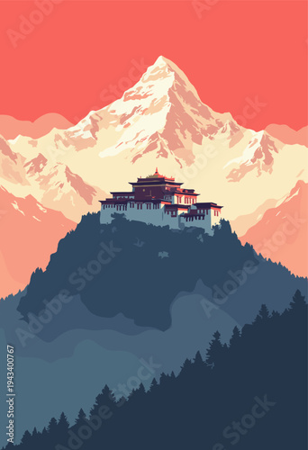 Tawang Monastery, Arunachal Pradesh solitary, imposing black fortress nestled jagged, geometric creamcolored snowy peaks dramatic red sky behind it Room text