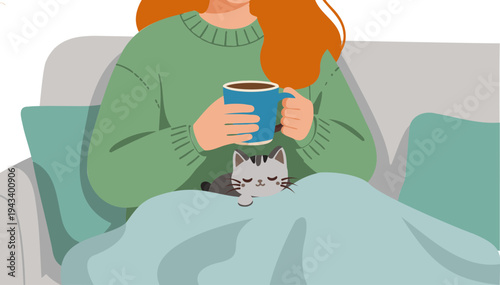 Woman relaxing happily with tea, cuddling a kitten under a cozy blanket