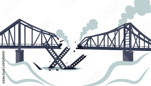 Collapsed bridge in a war zone with debris in the water on a transparent background