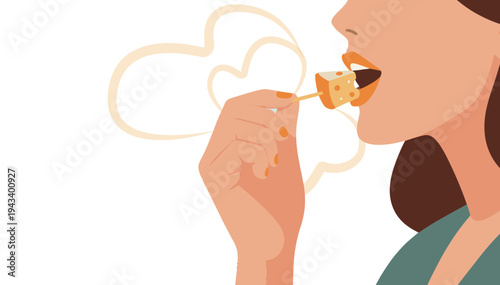 Woman tasting cheese sample with delight at market stand on a transparent background 