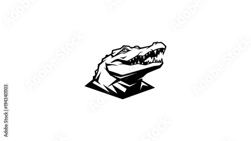 Black and white crocodile head emblem in bold geometric style