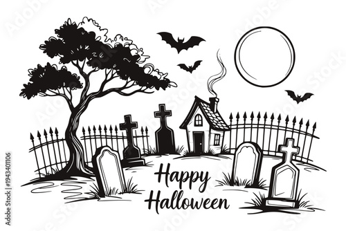 Halloween graveyard with tombstones, tree, house and bats in silhouette style on white background, concept of spooky holiday