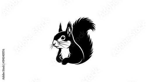 Elegant black silhouette of squirrel with bushy tail on white background