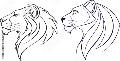 Two majestic lion head profiles in line ar