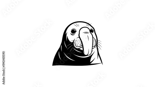 Monochrome face of an elephant seal on white background