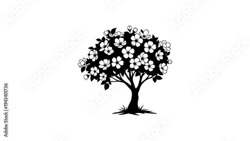 Elegant floral tree silhouette with blossoming flowers and leaves