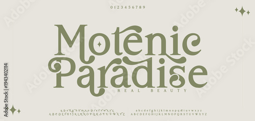 Motenic Paradise Luxury sans serif alphabet letters font and number. Classic Lettering Minimal Fashion Designs. Typography simple wedding fonts and logo. vector illustration