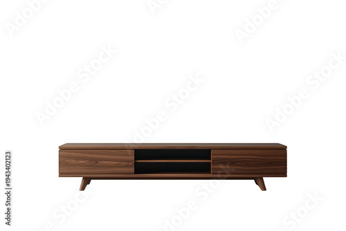 Mid-century modern walnut tv stand or media console with storage and shelves, clean design, transparent background