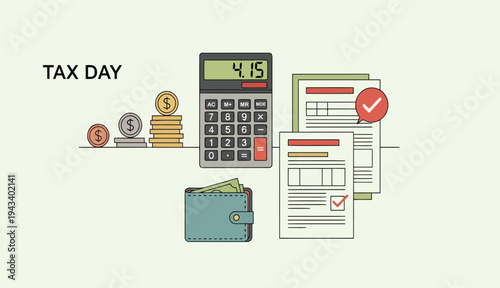 Tax day concept illustration with calculator coins wallet and financial documents