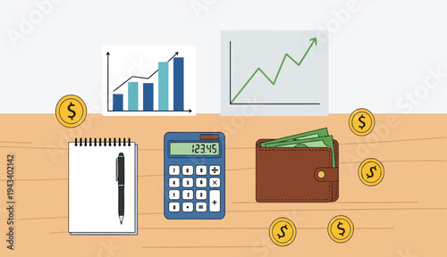 Financial accounting workspace with calculator wallet notepad and growth graphs