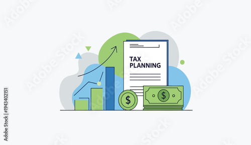 Tax planning concept illustration with growth chart financial document and money