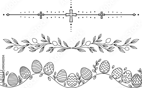 Easter sunday decorative cross and floral border illustrations