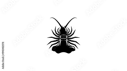 Intricate silhouette of lobster with antennae in black and white minimalist design