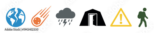 Set of colorful flat vector icons representing natural disasters, emergencies, and survival, including a cracked earth, meteor, storm cloud, shelter, warning sign, and refugee