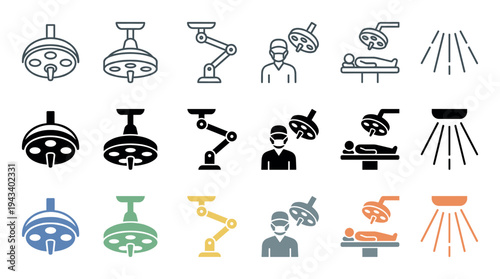 Surgical lamp and operating room icon set showing a surgeon, patient, and medical equipment in line, glyph, and color styles for healthcare and hospital concepts