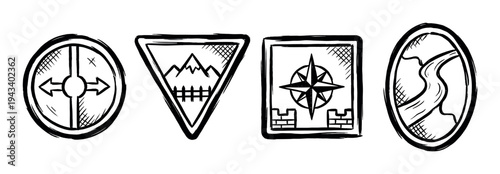 Hand-drawn black ink icons for cartography or fantasy role-playing games, featuring a compass rose, fortress, winding river, and mountain range in a sketchy doodle style