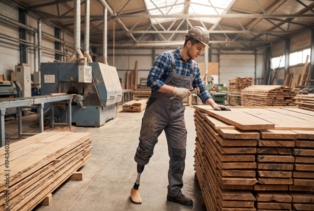 Fototapeta premium Woodworker with prosthetic leg working in furniture factory