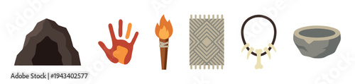 Set of prehistoric stone age icons including a cave, handprint, torch, rug, bone necklace, and stone bowl, depicted in a simple flat vector illustration style