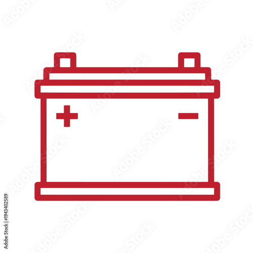 Red battery icon with plus and minus signs isolated on white background