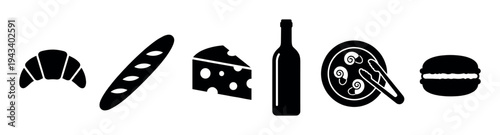 Set of black silhouette food icons representing traditional French cuisine including a croissant, baguette, cheese, wine, escargots, and a macaron in a minimalist graphic style