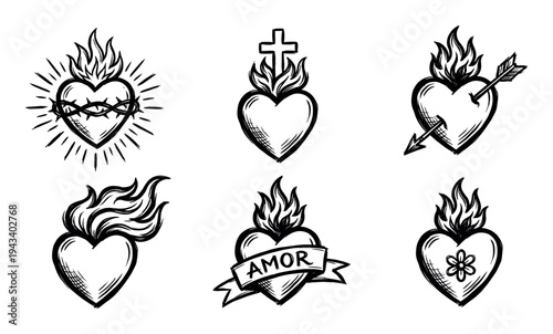 Six black and white Sacred Heart illustrations hand-drawn in a sketchy tattoo flash style, featuring various symbols of love and faith like flames, a cross, an arrow, and thorns